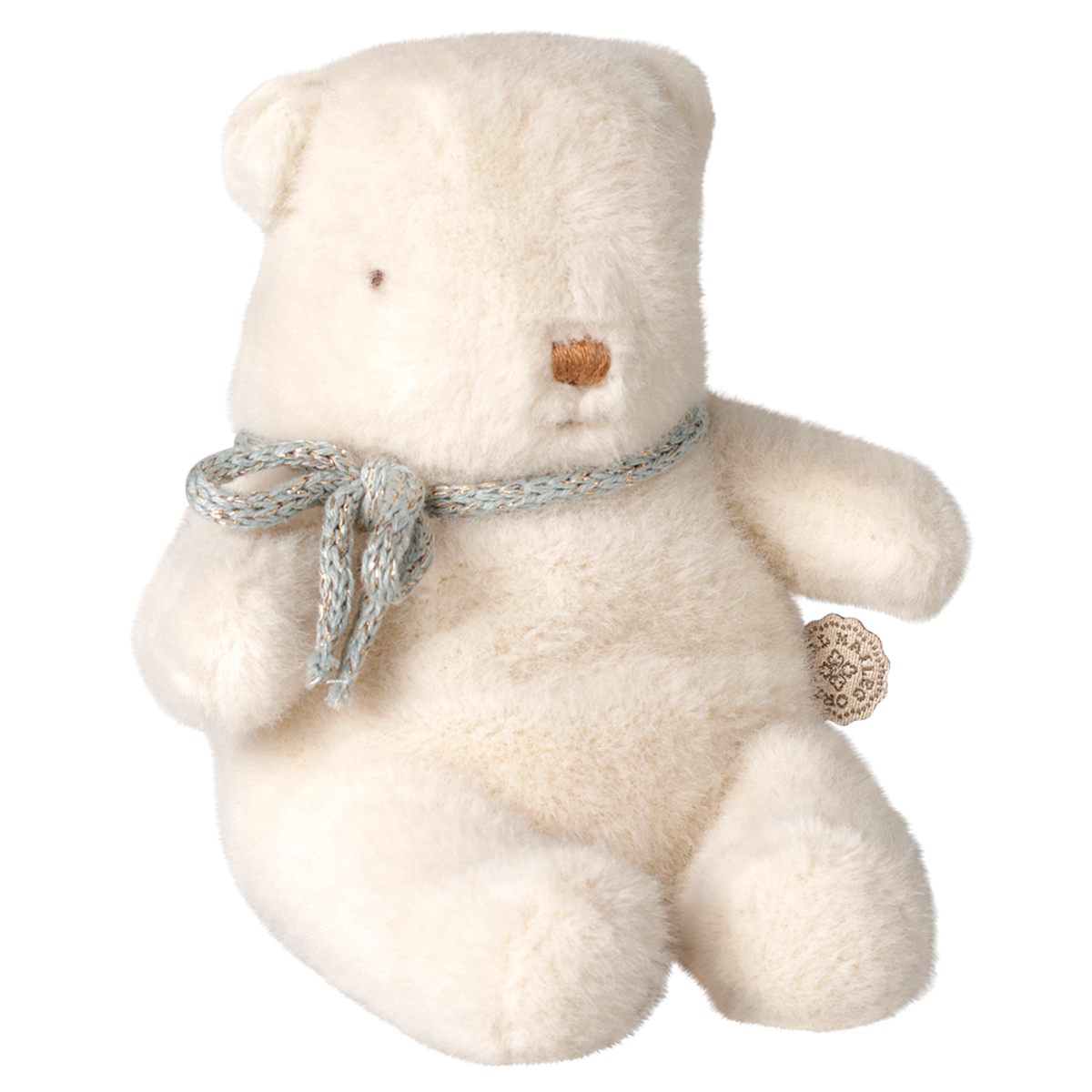 Maileg mini off-white teddy bear plush toy with woven blue ribbon bow.