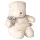 Maileg mini off-white teddy bear plush toy with woven blue ribbon bow.
