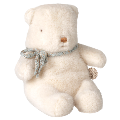 Maileg mini off-white teddy bear plush toy with woven blue ribbon bow.