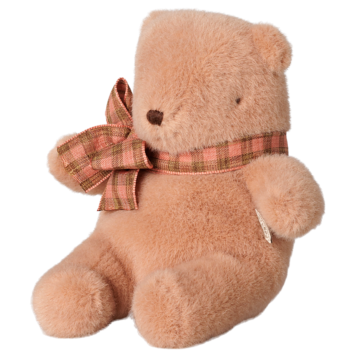 Maileg mini teddy bear plush in vintage rose with a plaid bow tie, sitting profile view.