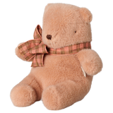 Maileg mini teddy bear plush in vintage rose with a plaid bow tie, sitting profile view.