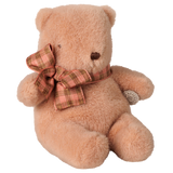 Maileg vintage rose mini teddy bear plush toy with a plaid ribbon bow.