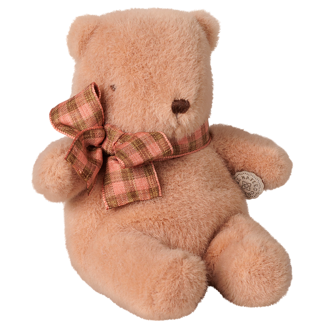 Maileg vintage rose mini teddy bear plush toy with a plaid ribbon bow.