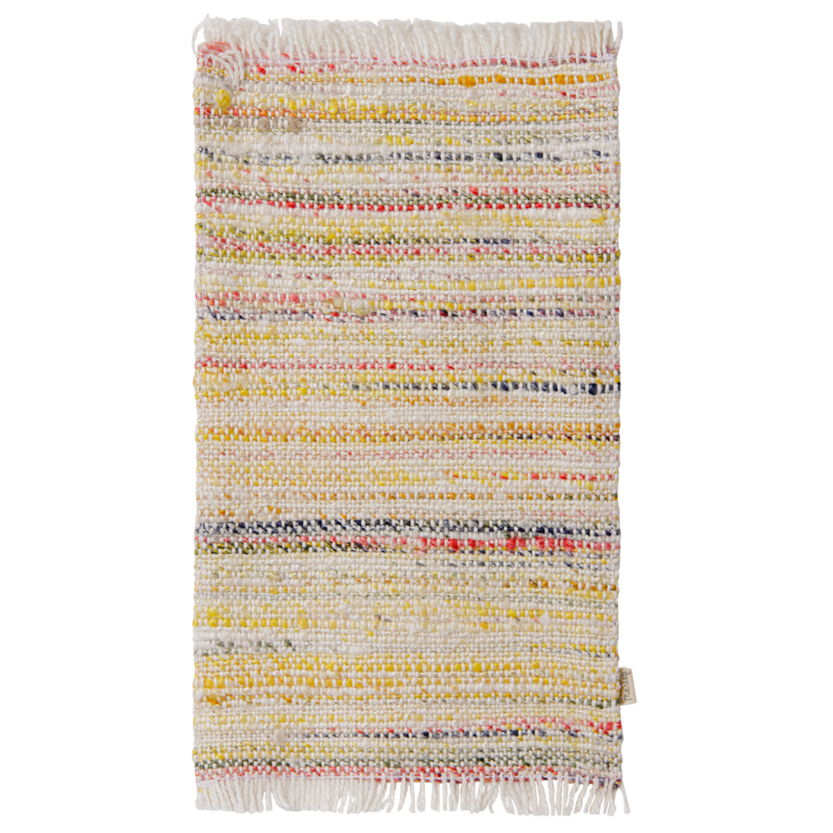 Maileg miniature large multi-stripe rug with fringed edges, designed for dollhouse decor.