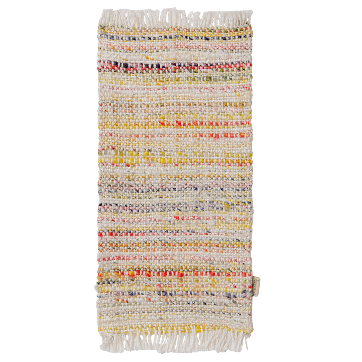 Maileg miniature medium multi-stripe woven rug with fringe details.