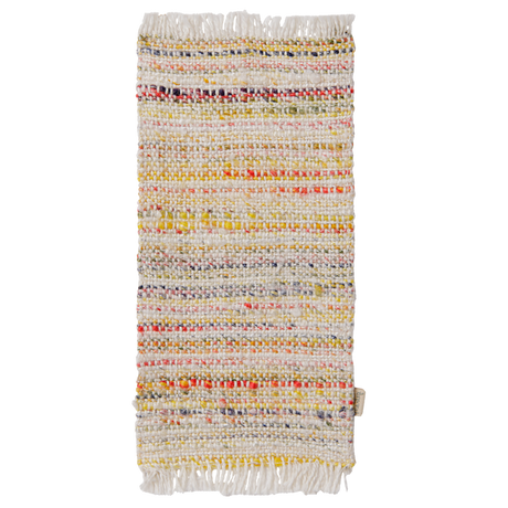 Maileg miniature medium multi-stripe woven rug with fringe details.