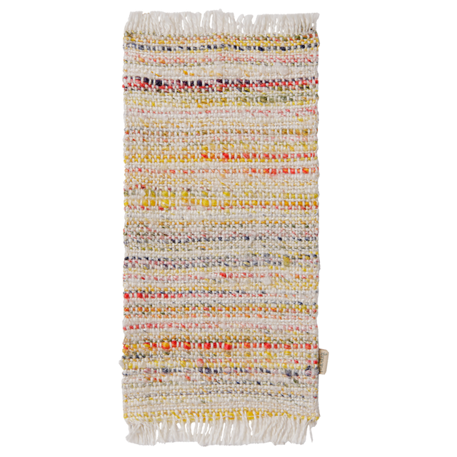 Maileg miniature medium multi-stripe woven rug with fringe details.