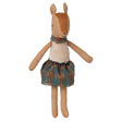 Maileg mother reindeer plush toy wearing a plaid skirt and a green ruffled collar.