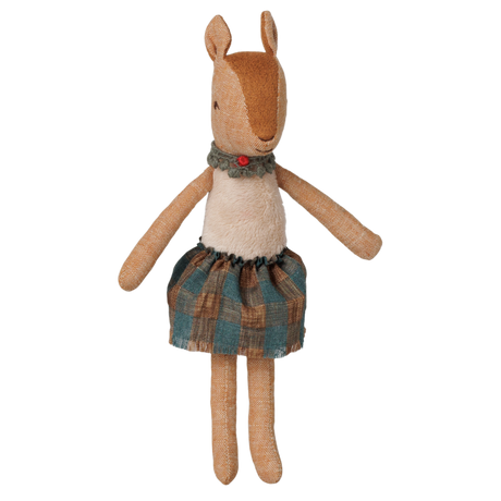Maileg mother reindeer plush toy wearing a plaid skirt and a green ruffled collar.