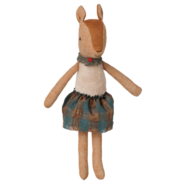 Maileg mother reindeer plush toy wearing a plaid skirt and a green ruffled collar.