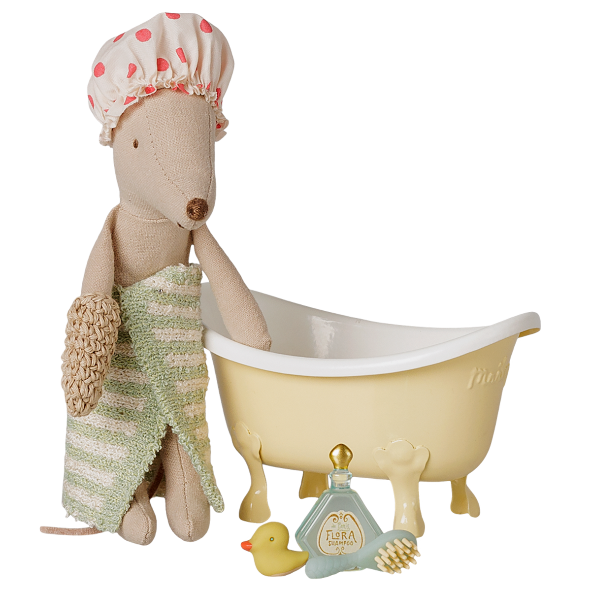 Maileg mouse bathtub set featuring a plush toy in a shower cap next to a yellow clawfoot tub and duck.