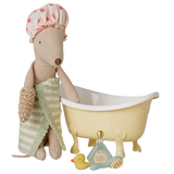 Maileg mouse bathtub set featuring a plush toy in a shower cap next to a yellow clawfoot tub and duck.