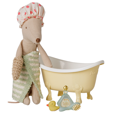 Maileg mouse bathtub set featuring a plush toy in a shower cap next to a yellow clawfoot tub and duck.