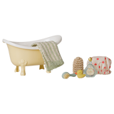 Maileg dollhouse miniature yellow bathtub set with a towel, shower cap, brush, and toy duck.