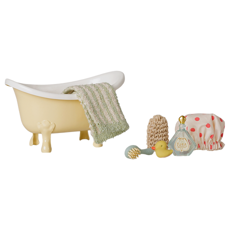 Maileg dollhouse miniature yellow bathtub set with a towel, shower cap, brush, and toy duck.