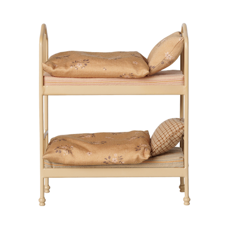 Maileg miniature dollhouse bunk bed in wheat with floral and plaid bedding.