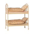 Maileg miniature dollhouse bunk bed in wheat color with floral and plaid bedding set.
