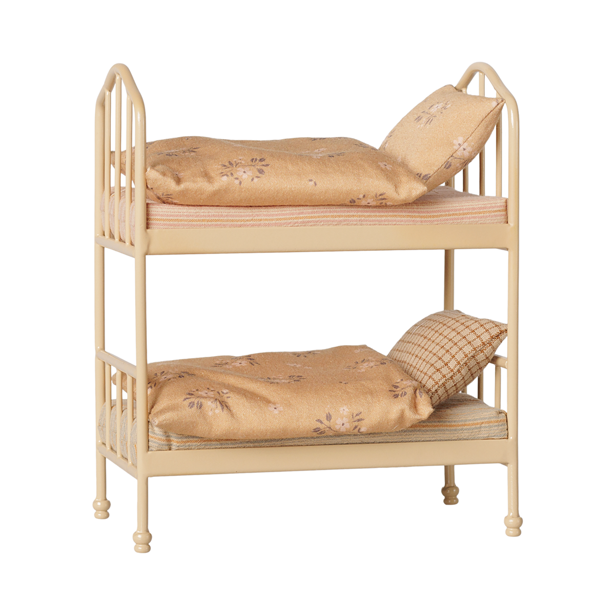 Maileg miniature dollhouse bunk bed in wheat color with floral and plaid bedding set.