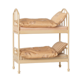 Maileg miniature dollhouse bunk bed in wheat color with floral and plaid bedding set.
