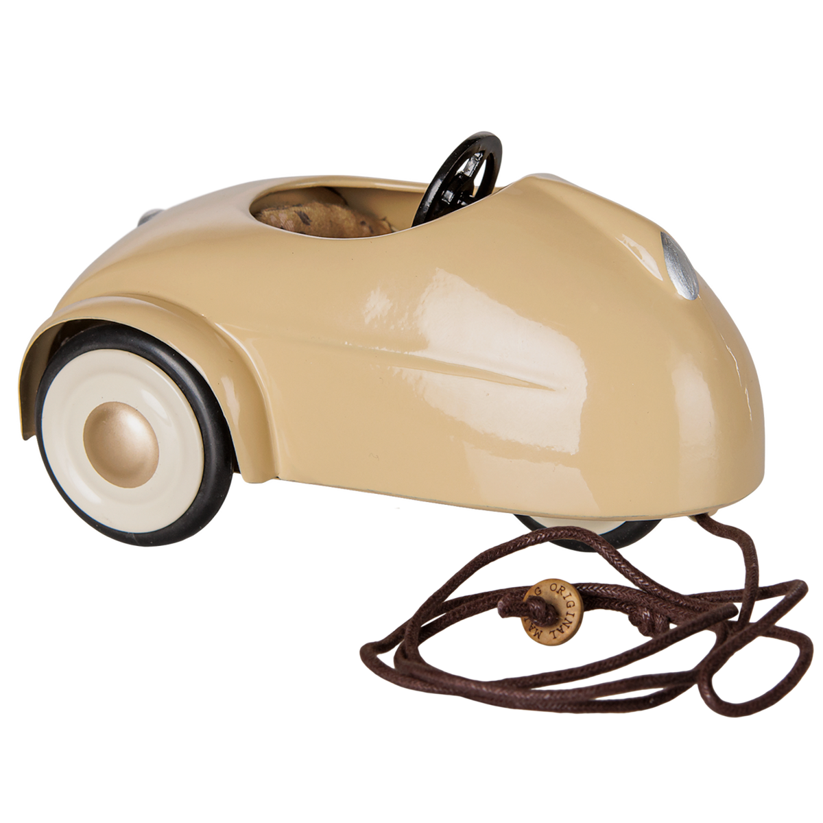 Maileg metal mouse car in wheat color with a brown pull string.
