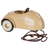 Maileg metal mouse car in wheat color with a brown pull string.