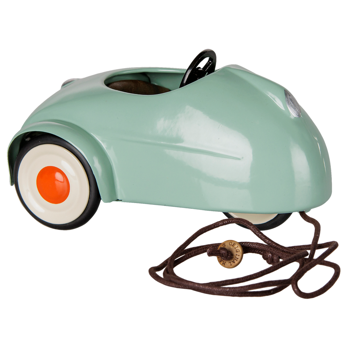 Maileg mouse car in light mint green, vintage style metal toy with pull string.