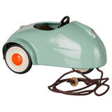Maileg mouse car in light mint green, vintage style metal toy with pull string.