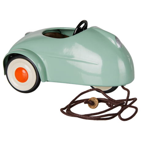 Maileg mouse car in light mint green, vintage style metal toy with pull string.