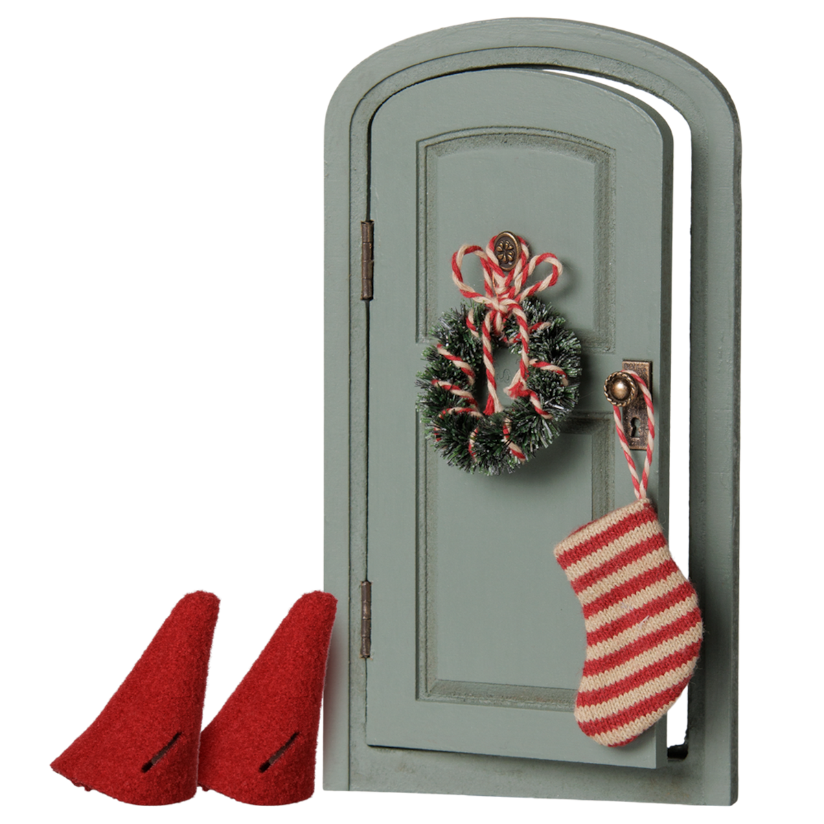 Maileg mouse Christmas door set with miniature wreath, striped stocking, and red elf hats.