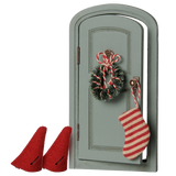 Maileg mouse Christmas door set with miniature wreath, striped stocking, and red elf hats.