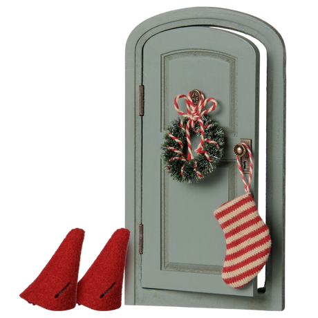 Maileg mouse Christmas door set with miniature wreath, striped stocking, and red elf hats.