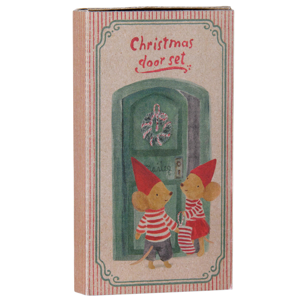 Maileg mouse Christmas door set packaging with an illustration of two festive mice by a green door.