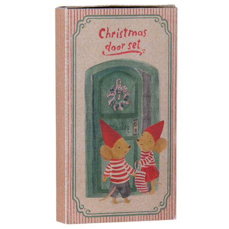 Maileg mouse Christmas door set packaging with an illustration of two festive mice by a green door.