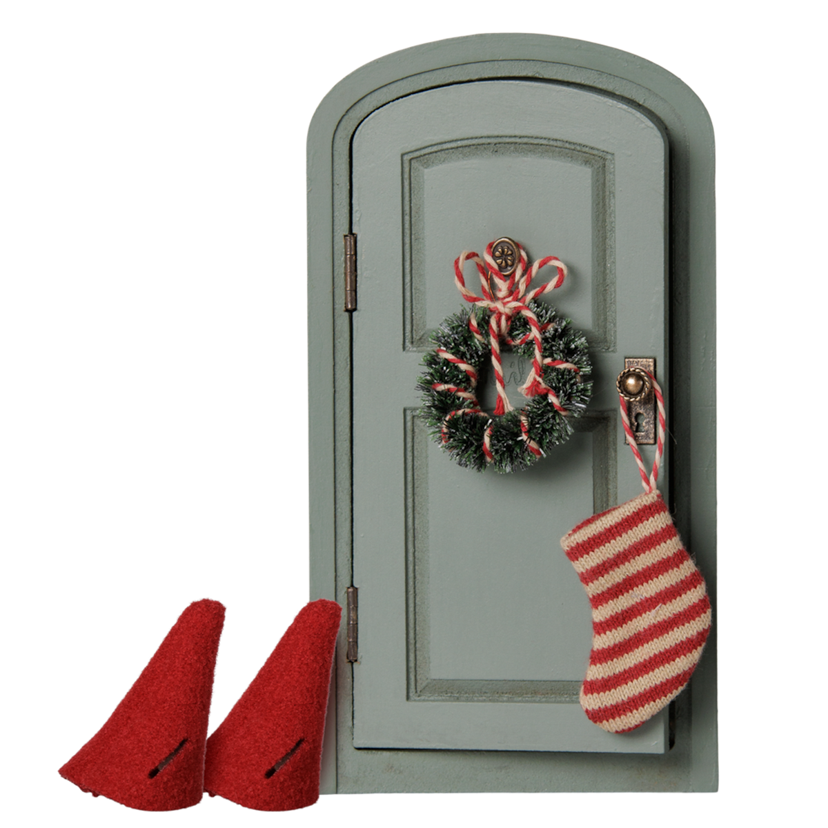 Maileg mouse Christmas door set with miniature green door, wreath, striped stocking, and red hats.