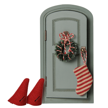 Maileg mouse Christmas door set with miniature green door, wreath, striped stocking, and red hats.