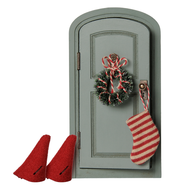 Maileg mouse Christmas door set with miniature green door, wreath, striped stocking, and red hats.