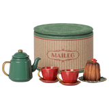 Maileg miniature mouse Christmas tea party toy set with green teapot, red teacups, and cake.
