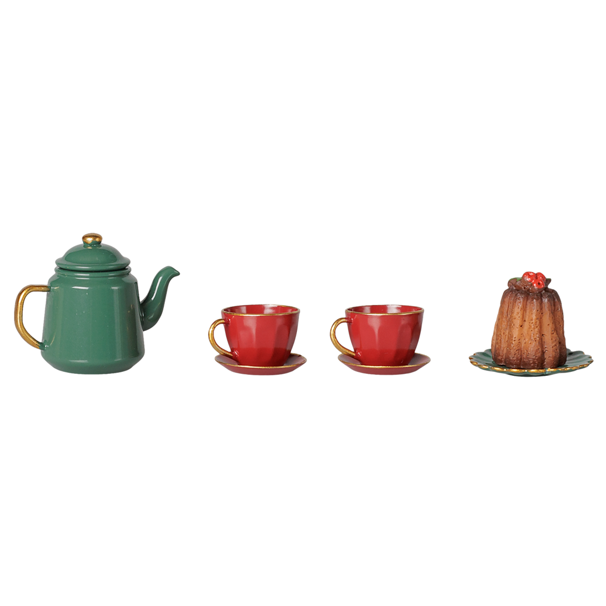 Maileg mouse Christmas tea party set with green teapot, red teacups, and holiday cake.