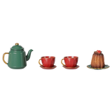 Maileg mouse Christmas tea party set with green teapot, red teacups, and holiday cake.