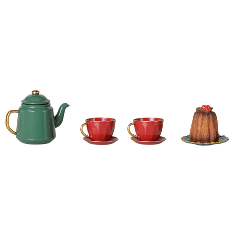 Maileg mouse Christmas tea party set with green teapot, red teacups, and holiday cake.