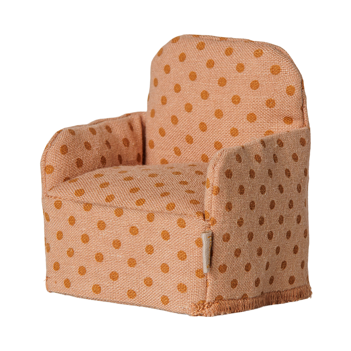 Maileg dollhouse miniature folding chair for mice with a peach and orange polka dot fabric pattern.