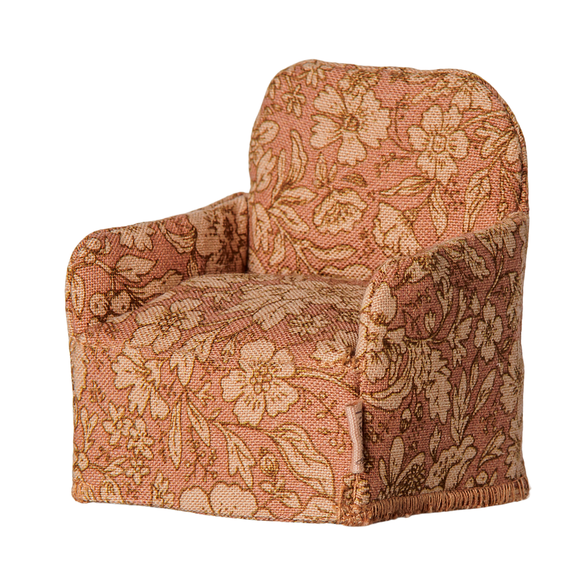 Maileg miniature dollhouse armchair with a pink floral pattern fabric.