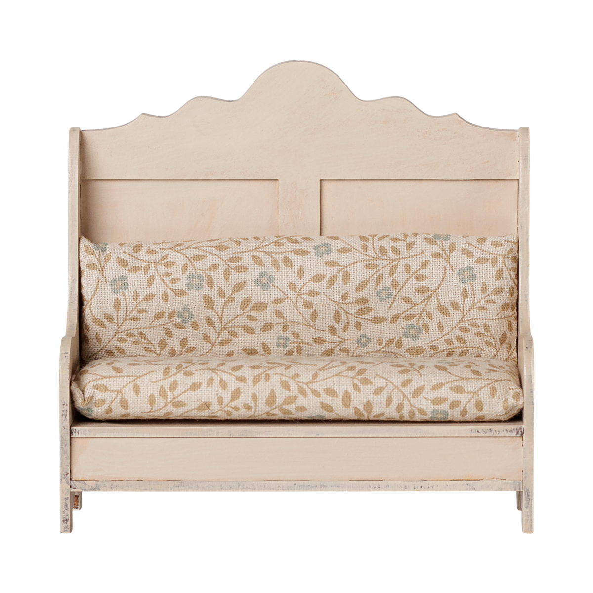 Maileg dollhouse miniature wooden kitchen bench in light sand with a floral patterned cushion.