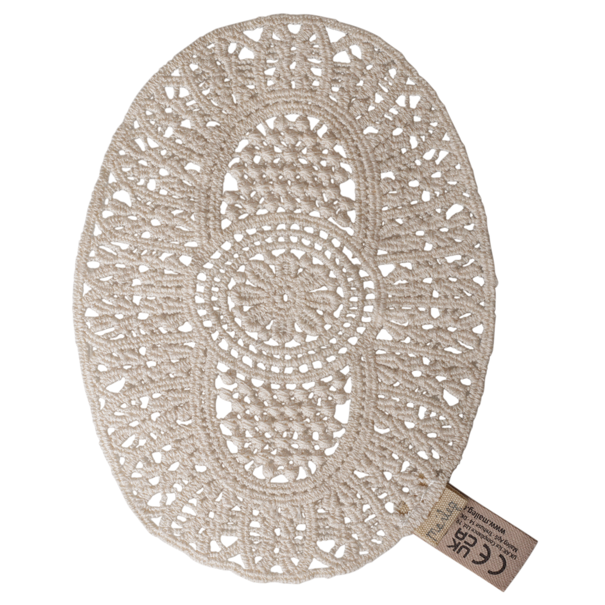 Maileg dollhouse mouse lace rug featuring an intricate cream crochet design.