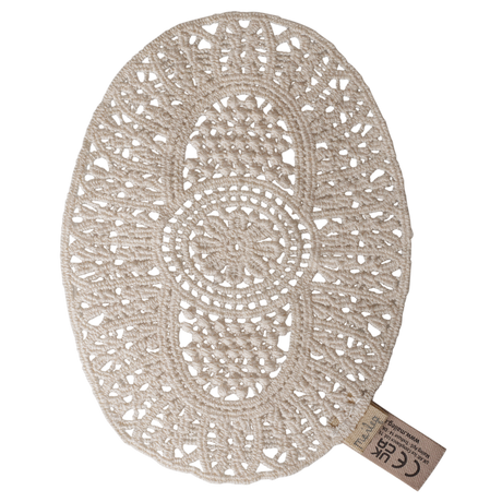 Maileg dollhouse mouse lace rug featuring an intricate cream crochet design.