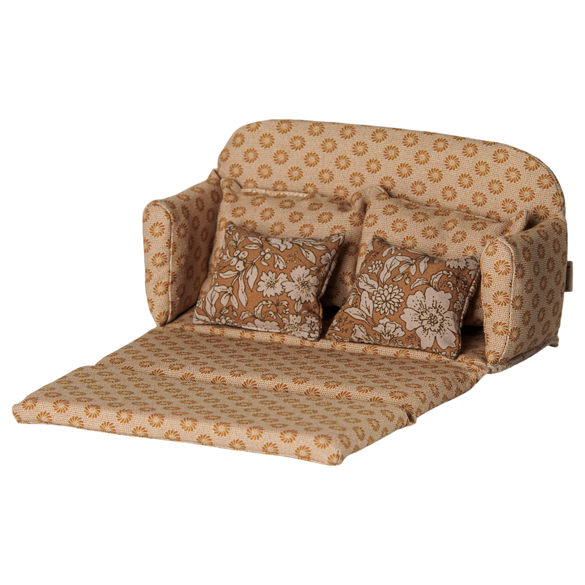 Maileg mouse dollhouse large sofa bed in ocher, unfolded open with floral pillows.