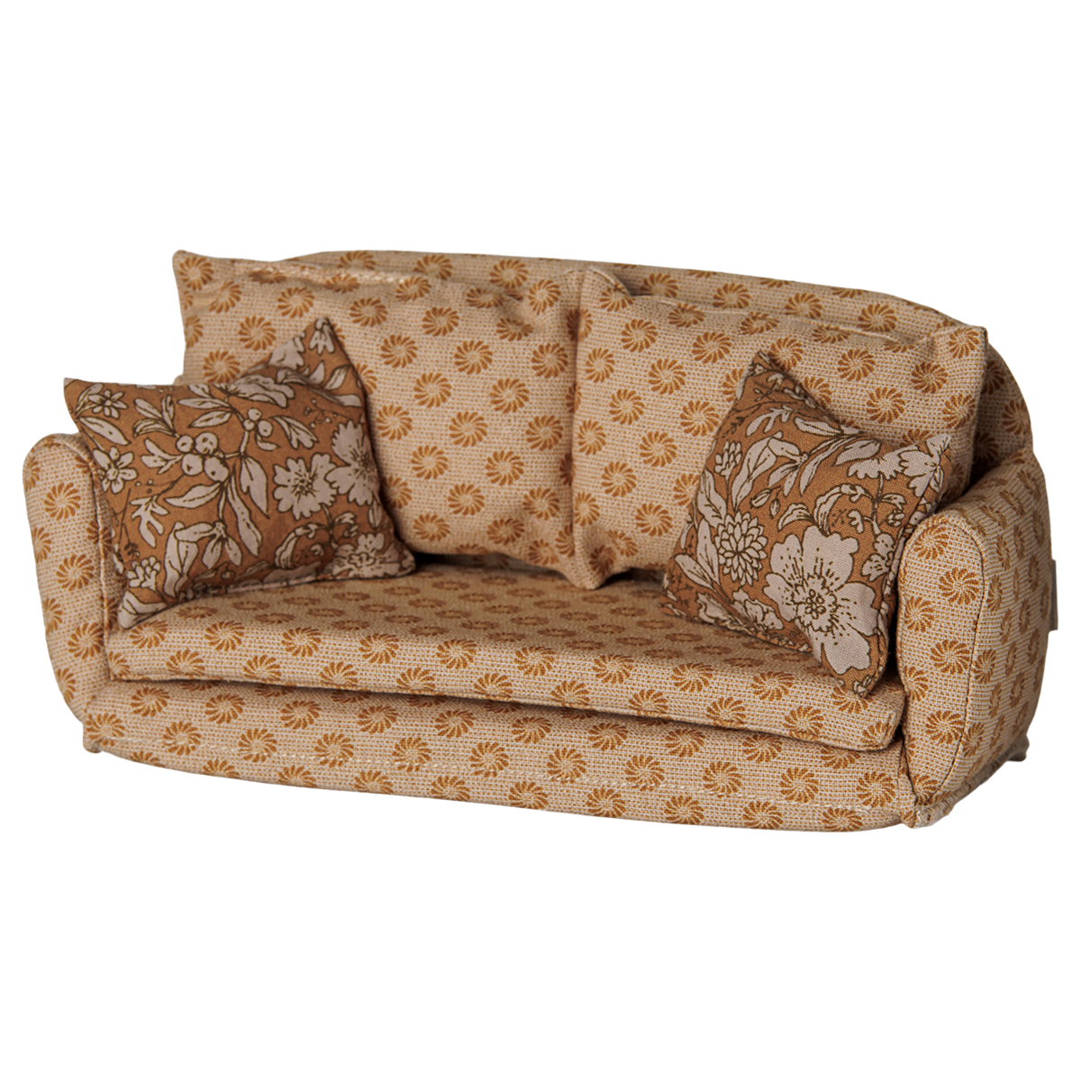 Maileg miniature large ocher sofa bed with floral pillows, designed for dollhouse furniture decor.