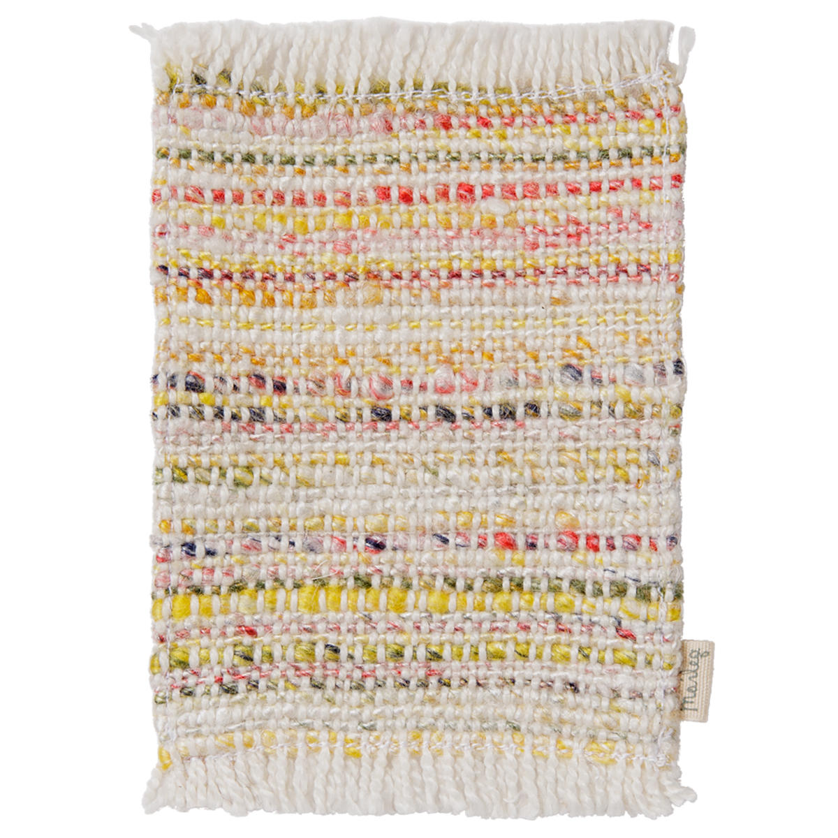Maileg miniature multi-stripe rug with fringed edges, perfect for dollhouse mouse decor.