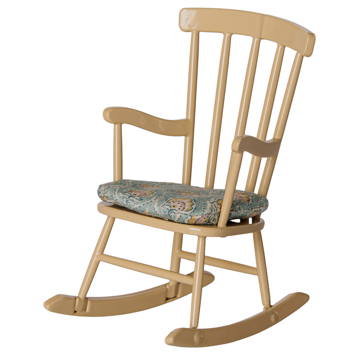 Maileg miniature dollhouse rocking chair in wheat with a patterned seat cushion.