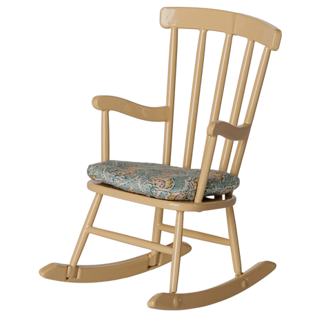 Maileg miniature dollhouse rocking chair in wheat with a patterned seat cushion.